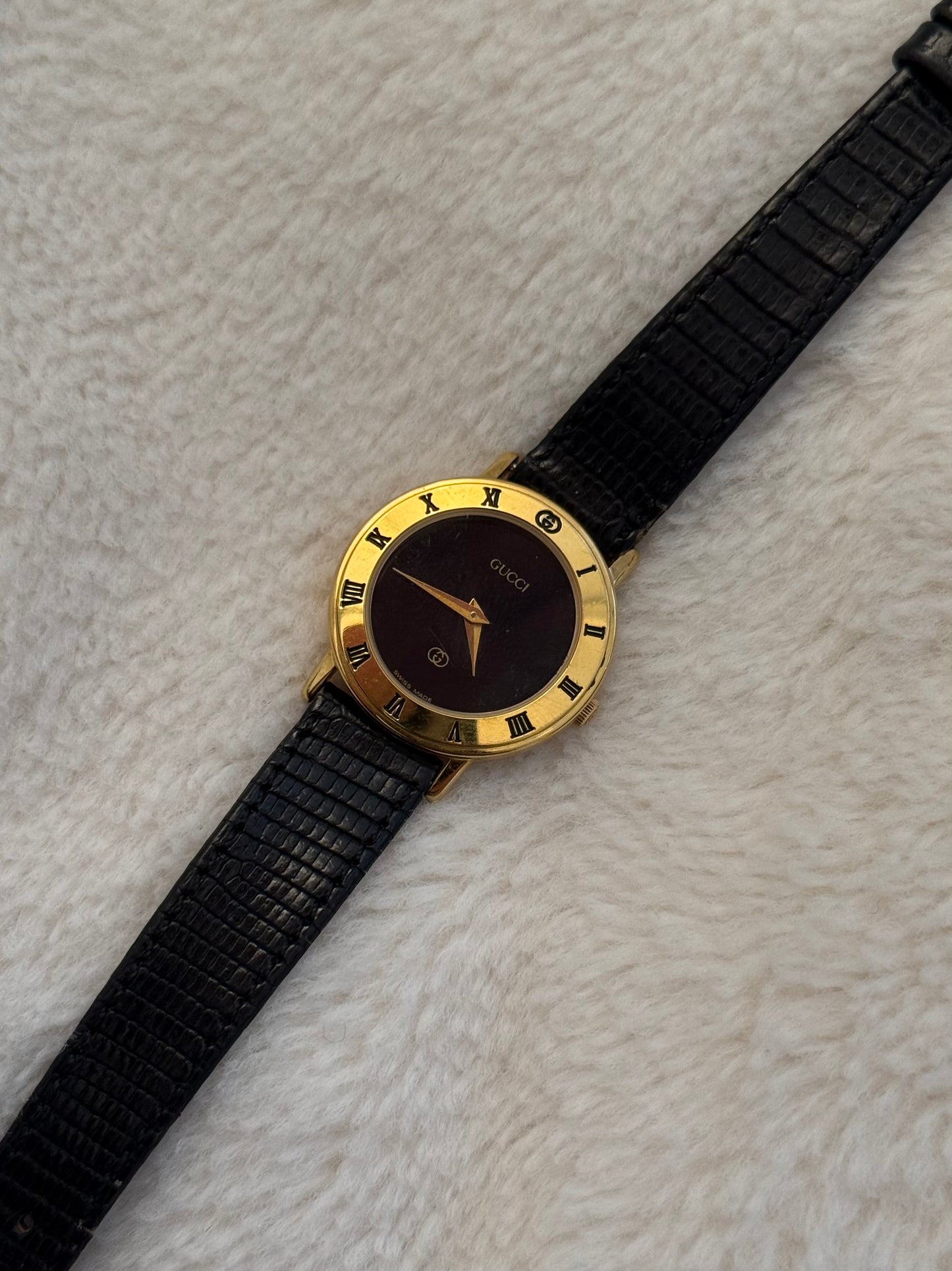 vintage gucci black leather watch w/ box